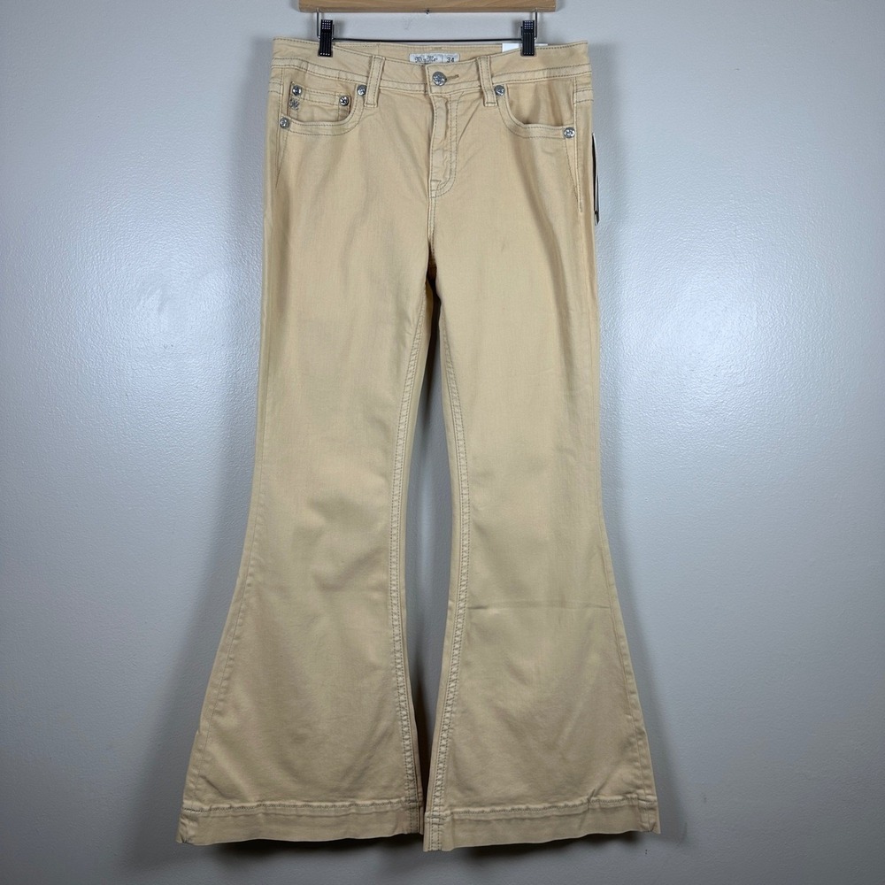 Miss Me Women's 34 Flare Jeans Beige Sequin Horseshoe Mid Rise NEW